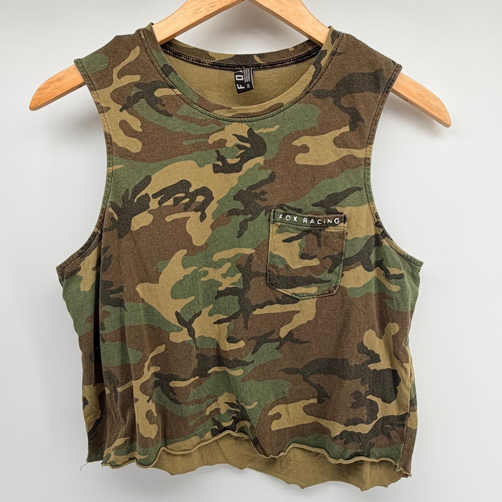 Fox Racing Camo Muscle Tank Top Womens Small Green Camouflage Cropped Pocket Tee
